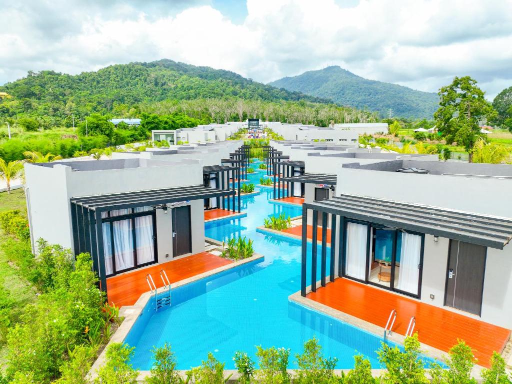an aerial view of a resort with a swimming pool at Hangouts Urban+Eco Langkawi in Kuah