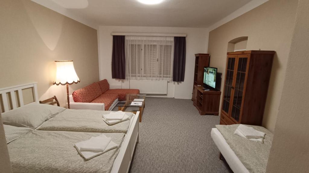 une chambre d'hôtel avec un lit, un canapé et une télévision dans l'établissement Apartmán Horní Slavkov Hodinářství, à Horní Slavkov