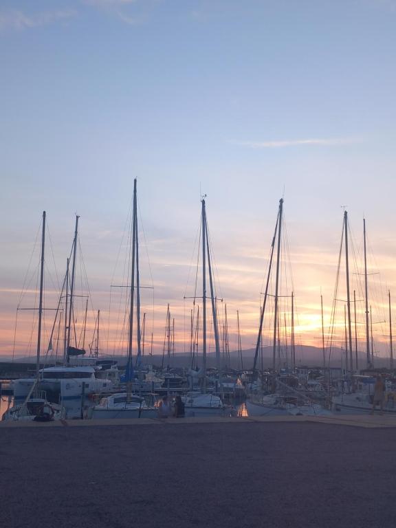 a group of boats parked in a marina at sunset at La grande bleue in Port Leucate