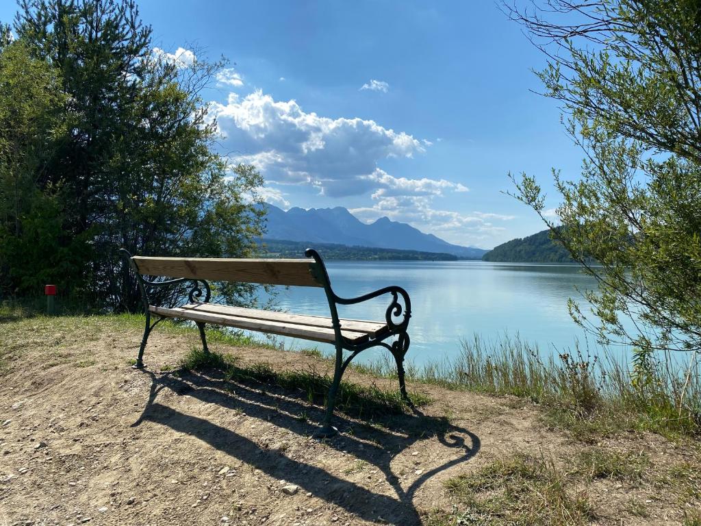 una panchina seduta sul lato di un lago di Ferienwohnung Mahar a Feistritz im Rosental