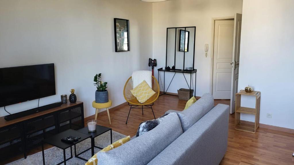 a living room with a couch and a flat screen tv at Appart' Cosy en Bord de Loire in Saumur