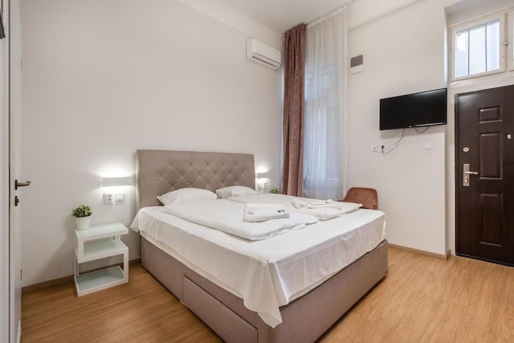 een slaapkamer met een groot bed en een televisie bij Klauzál Garden City Apartments- Studio K31 in Boedapest