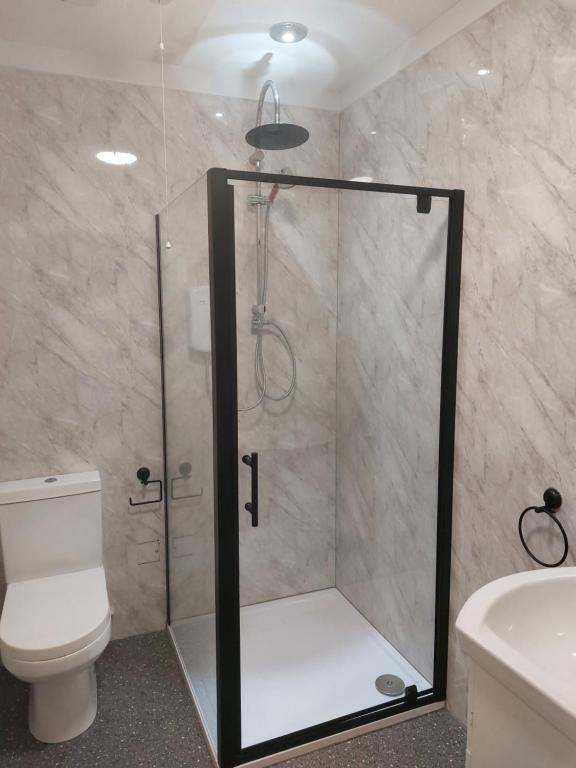 a bathroom with a shower with a toilet and a sink at Sea Air B&B in Chapel Saint Leonards