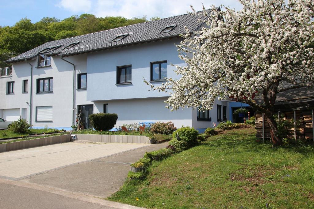 une maison blanche avec un arbre à fleurs devant elle dans l'établissement Ferienwohnung Hochwald, à Nonnweiler