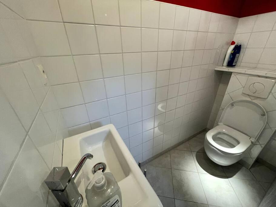 a small bathroom with a toilet and a sink at Le Belvédère de la Baie, grand gîte pour deux in Saint-Valéry-sur-Somme