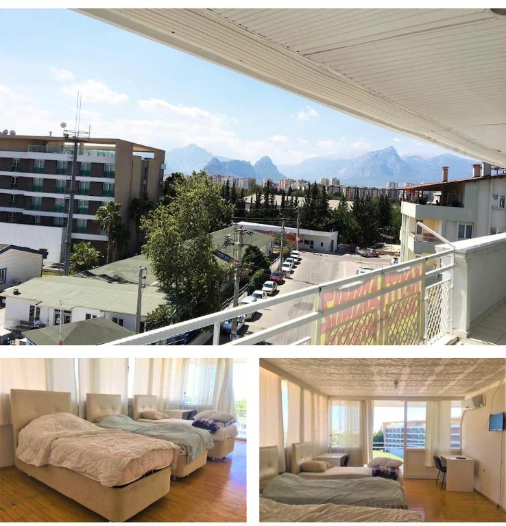 a collage of two pictures of a balcony with beds at Cozy Flat W/ Mountain View [Monthly Discount] in Antalya