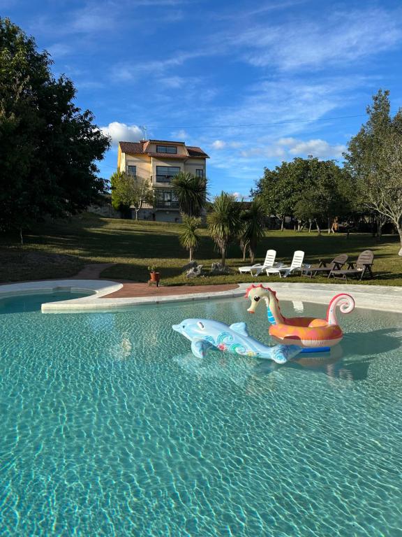 a swimming pool with two toys in the water at Casa da Rapadoira 