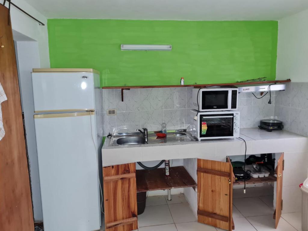 una pequeña cocina con fregadero y microondas en Dawy, en Areguá