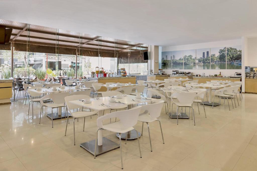 A bright dining room with buffet counters, flexible seating, and a leafy city view.