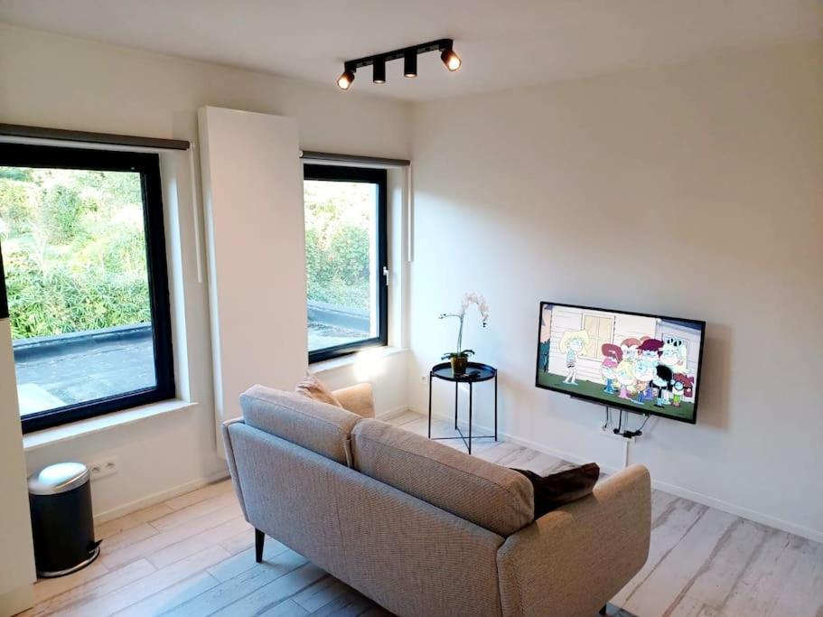 uma sala de estar com um sofá e uma televisão de ecrã plano em Modern en sfeervol appartement aan de Zoete Waters em Oud-Heverlee