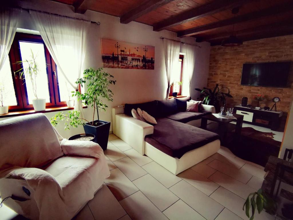 a living room with two couches and a tv at WELLNESS DOM u NÁMORNÍKA in Banská Štiavnica