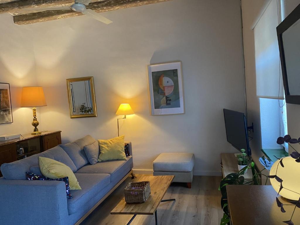 a living room with a blue couch and a tv at Sereno rincón de montaña in Sant Corneli de Cercs 