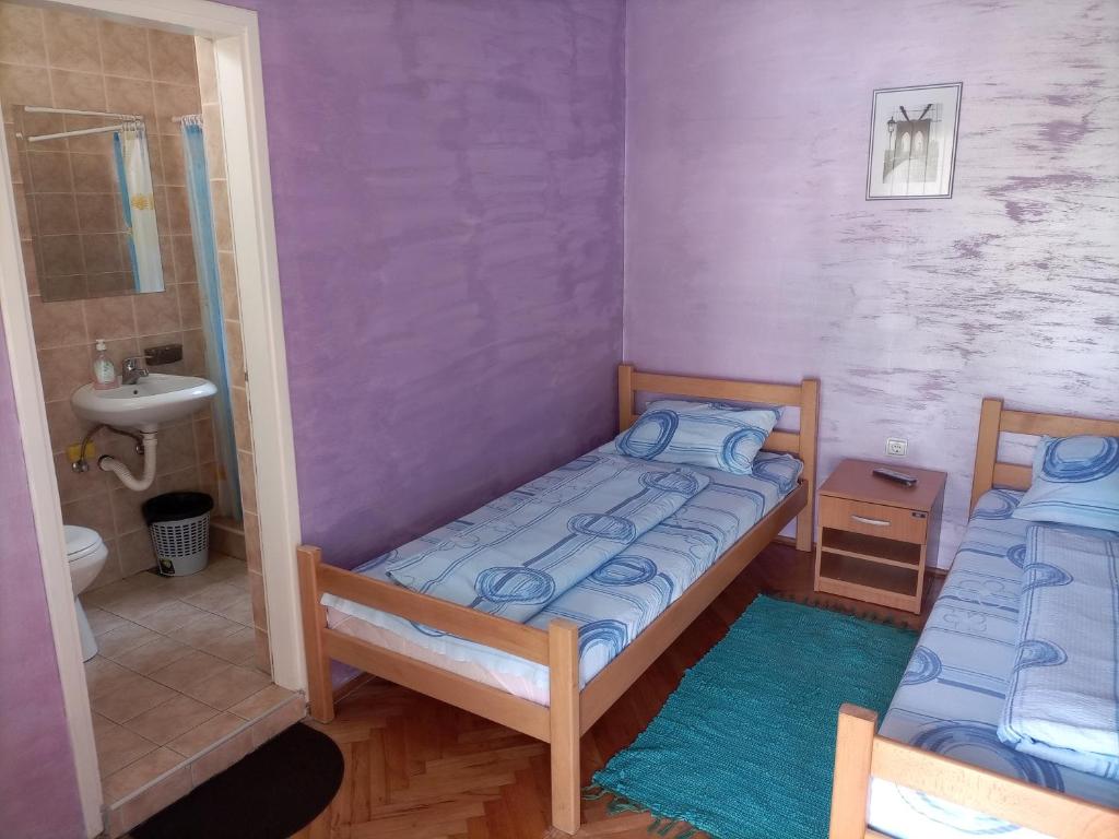 een kleine kamer met 2 bedden en een badkamer bij Banja Gornja Trepca-smestaj Grof in Gornja Trepča