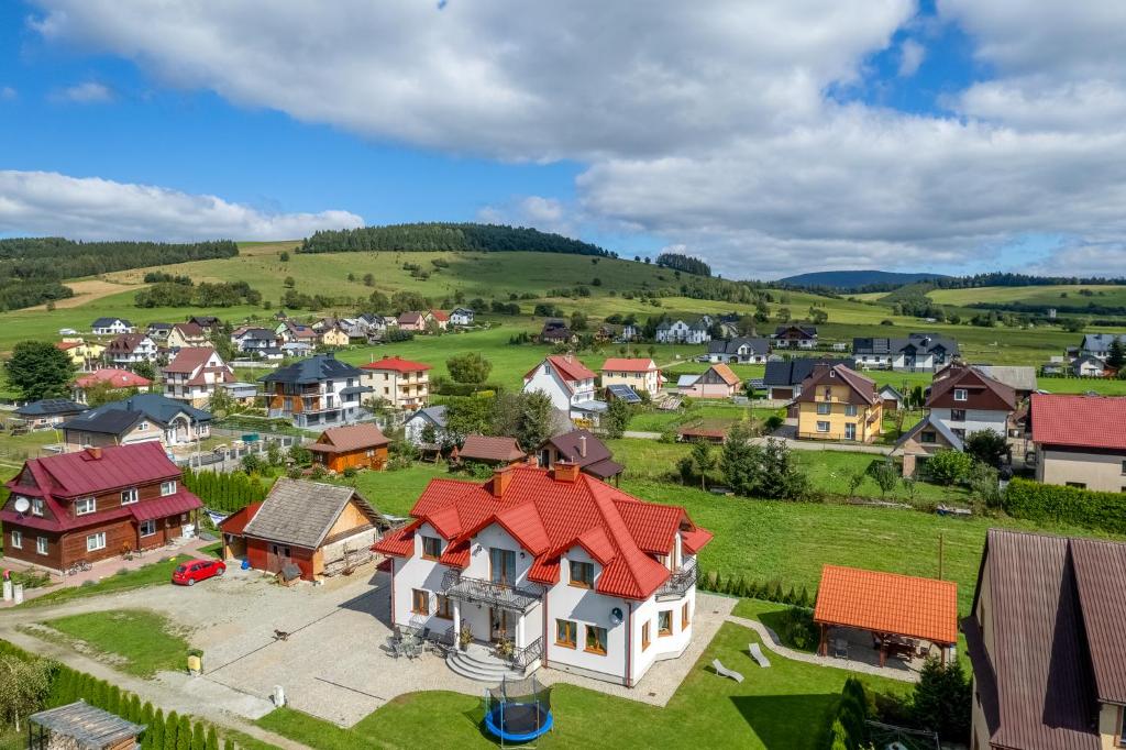 una vista aérea de un pequeño pueblo con casas en Willa u Alicji i Jana, en Tylicz