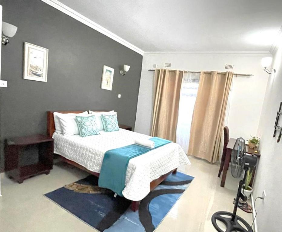1 dormitorio con 1 cama, ventana y cámara en Busisiwe's RM Home, en Lusaka