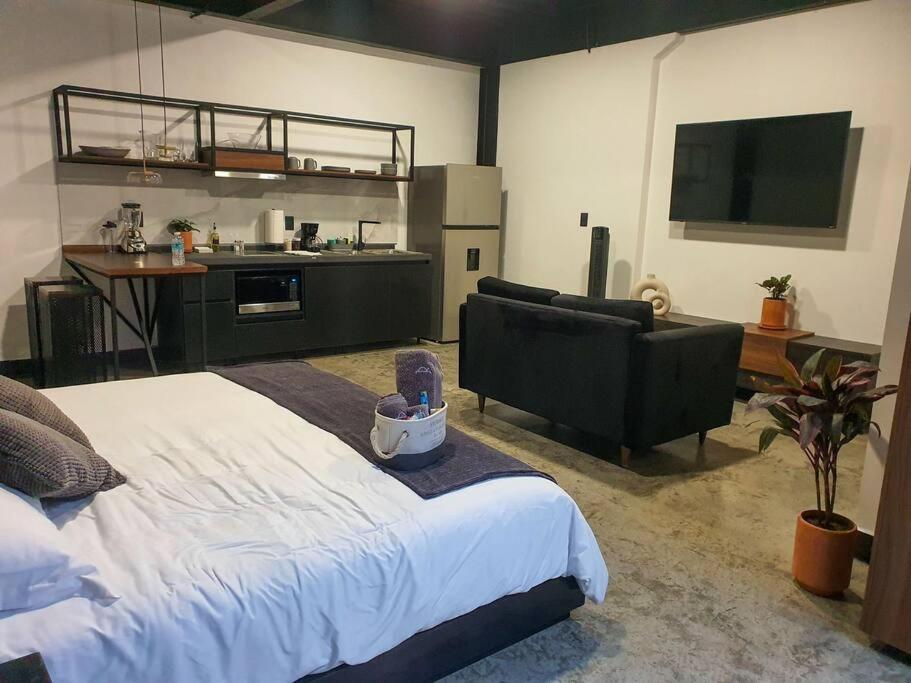 uma sala de estar com uma cama grande e uma cozinha em Loft cobre en excelente ubicación em San Luis Potosí