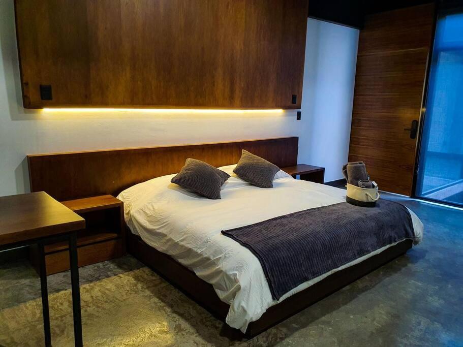 a bedroom with a bed with a wooden head board at Loft Bronce en excelente ubicación! in San Luis Potosí