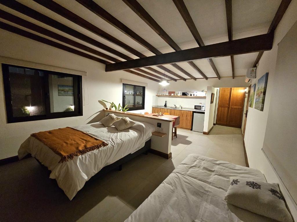 a bedroom with a large bed and a kitchen at Posada del Atelier in San Antonio de Areco