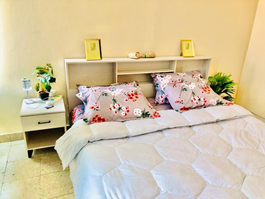 1 dormitorio con 1 cama grande con almohadas rosas en AlAIN GUEST HOUSE, en Al Ain