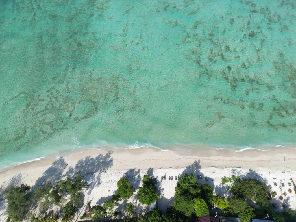 uma vista aérea de uma praia e do oceano em Mowies Gili Air em Gili Air