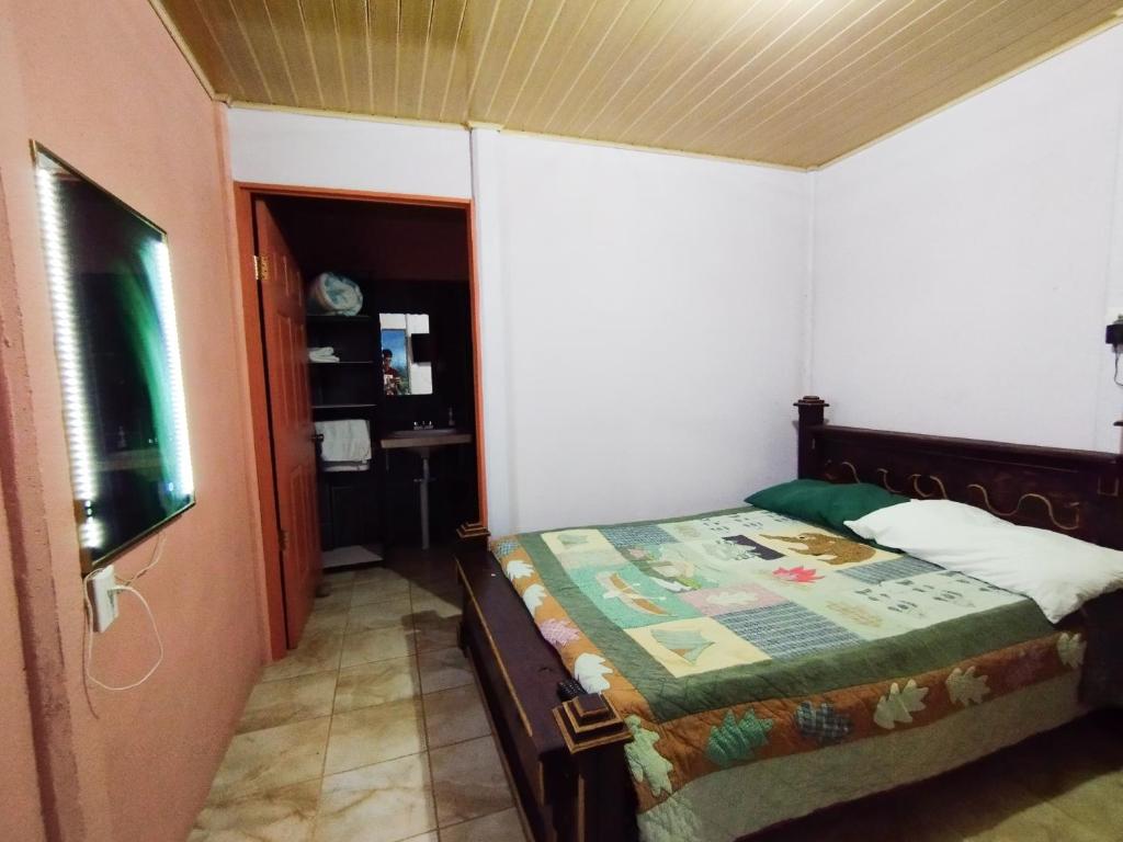 a small bedroom with a bed and a television at Hospedaje Luis & Ana in Pejibaye