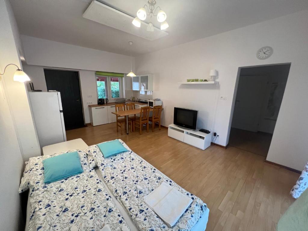 1 dormitorio con 1 cama y cocina con mesa en Sosnowy apartament, en Józefów