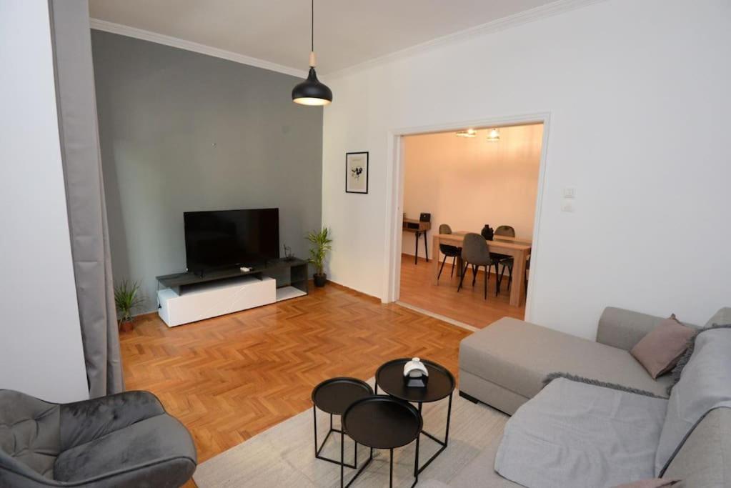 ein Wohnzimmer mit einem Sofa und einem Tisch in der Unterkunft Minimal apartment in koukaki in Athen
