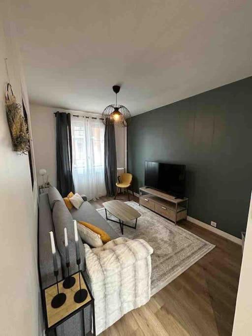 un salon avec un canapé et une télévision dans l'établissement Le Saint-Mandé Élégant et Pratique, Métro 1 à Deux Pas, à Saint-Mandé