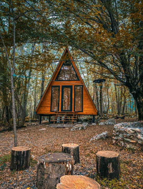 eine kleine Hütte mitten im Wald in der Unterkunft Cottage Villa Ioseliani in Kumistavi