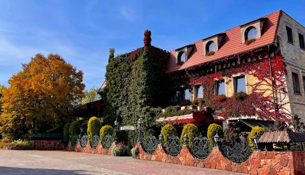 Ein Gebäude, auf dem ein Haufen Efeu wächst. in der Unterkunft Hotel Zameczek in Książ Wielki