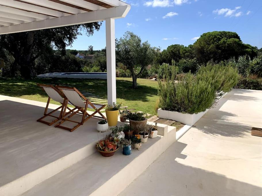 a couple of chairs sitting on a porch with plants at Property between Melides and Aberta Nova beach in Melides