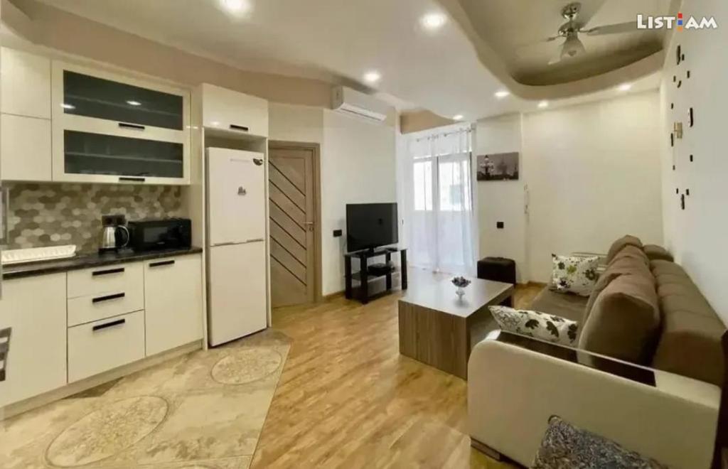a living room with a couch and a kitchen at APARTMENT in Yerevan,Komitas Avenue in Yerevan