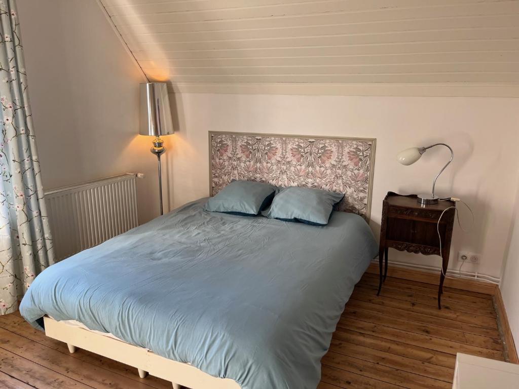 a bedroom with a bed with blue sheets and a lamp at Chez Régine, ETAGE privé, 45M2 in Schiltigheim
