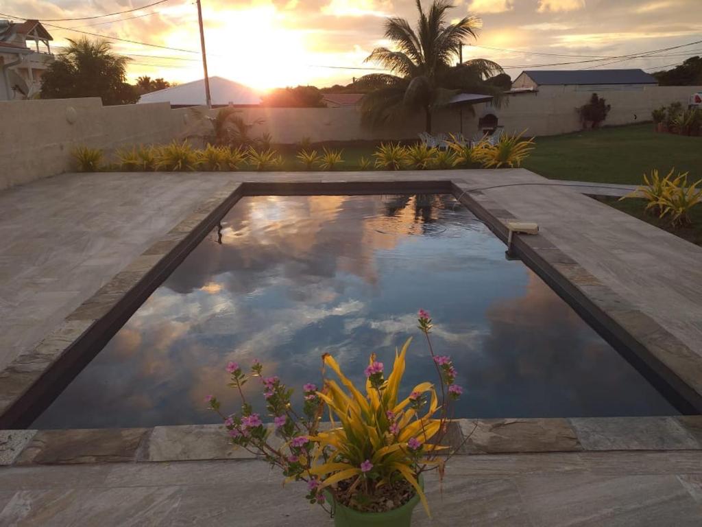 uma piscina com um reflexo do céu num quintal em Cap des Anses em Sainte-Anne