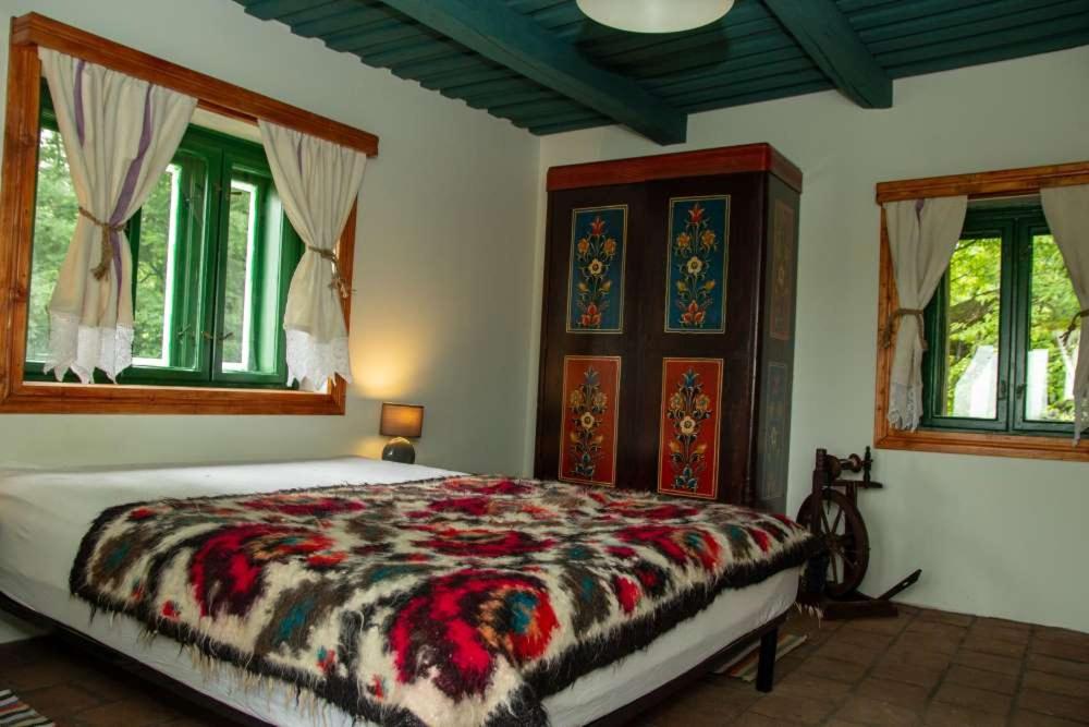 a bedroom with a bed and two windows at Casa Batrana in Zece Hotare
