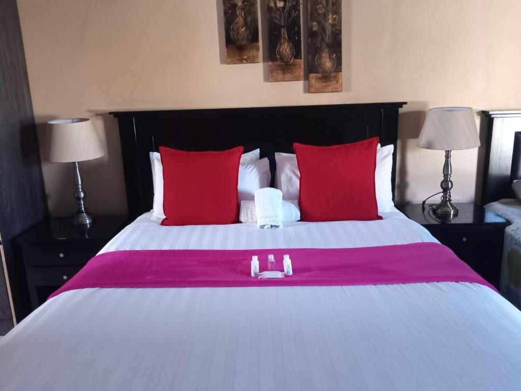 Una cama con dos almohadas rojas y una bandeja. en Ein Gedi Premier Lodge en Kimberley