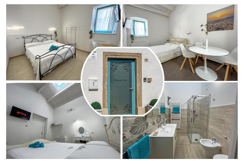un collage di tre immagini di una camera da letto di B&B Dimora Orrù a Càbras