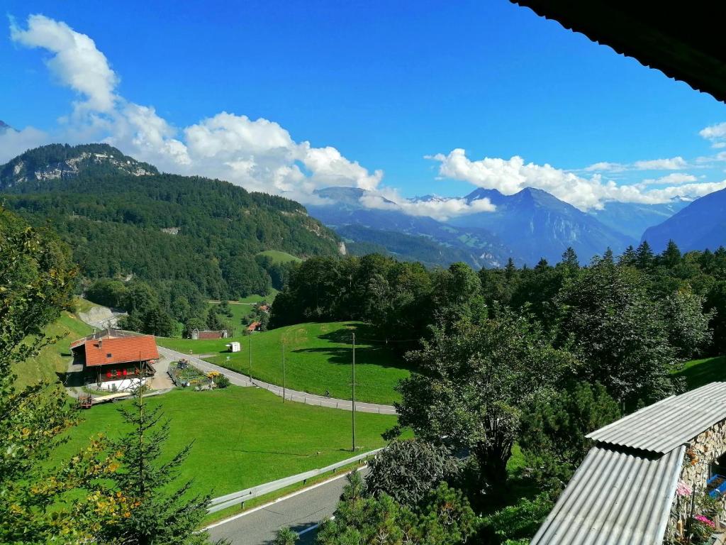a view of a valley with mountains and a house at Gemütliche FeWo mit Sauna inmitten der Berge in Meiringen