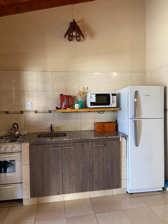eine Küche mit einem weißen Kühlschrank und einer Mikrowelle in der Unterkunft Cabañas La Suyana in Tafí del Valle