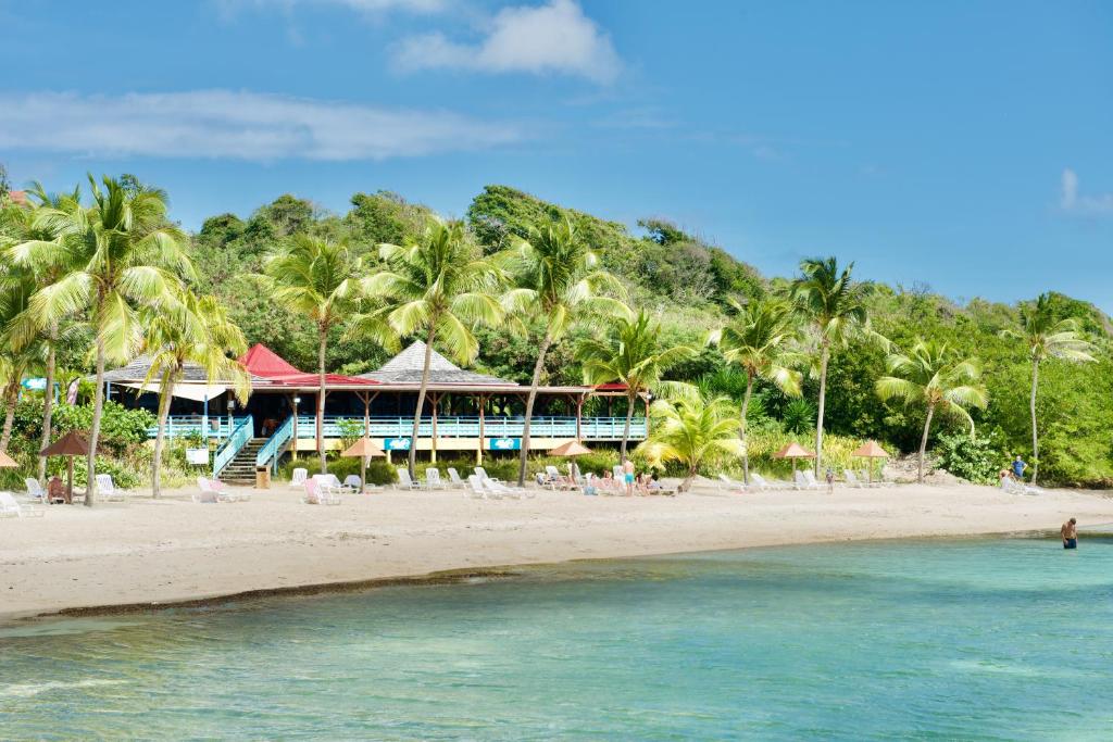 un resort su una spiaggia con palme e acqua di KALIA LODGE a Sainte-Anne