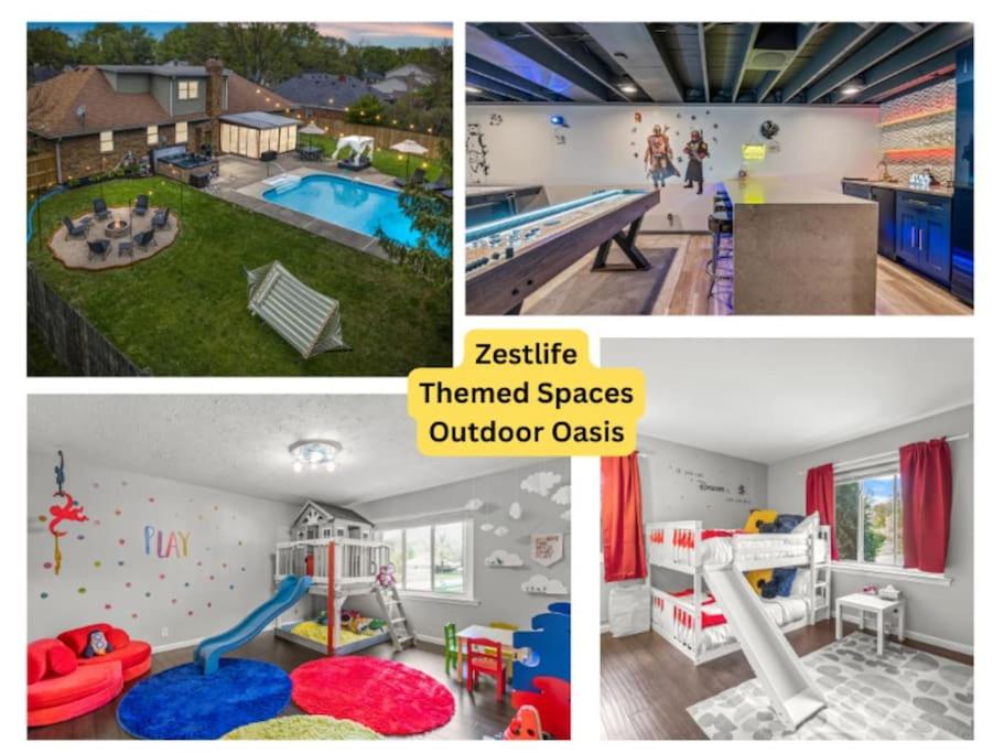 un collage di immagini di un parco giochi al coperto per bambini di Zestlife-LuxuryEscape-ThemedRooms-Pool-GameRoom a Indianapolis