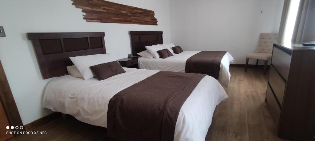 ポルベニールにあるHotel y Cabañas Puleganのベッド2台とドレッサーが備わるホテルルームです。
