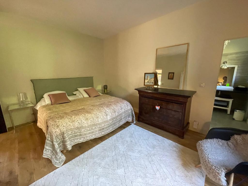 um quarto com uma cama, uma cómoda e um espelho em Suite près de Chambord em Saint Laurent Nouan