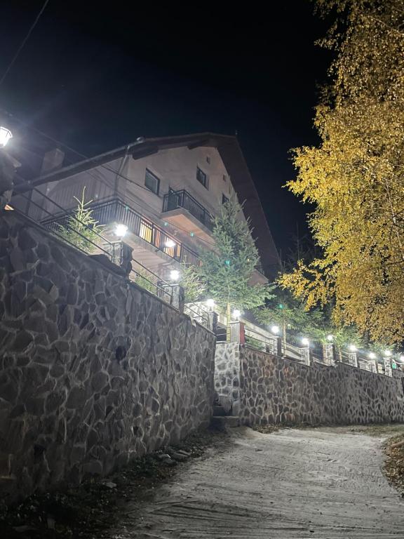 a stone wall in front of a building at night at Pensiunea Joe Paltinis in Păltiniş