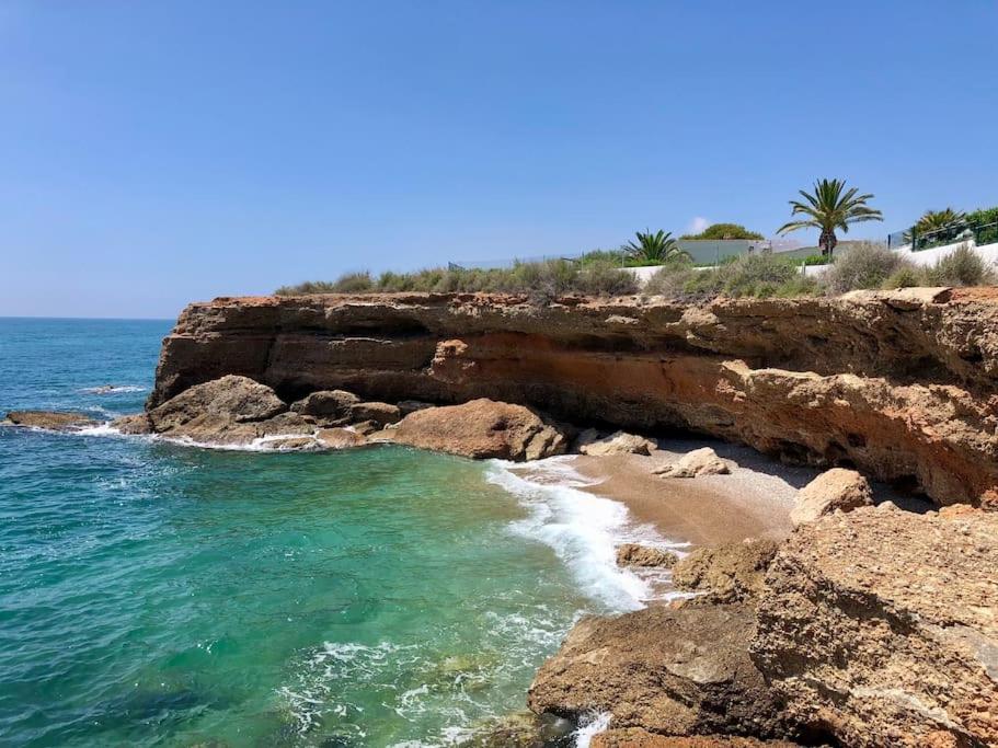 a beach with rocks and the ocean and palm trees at Dúplex Bornoi in Vinarós
