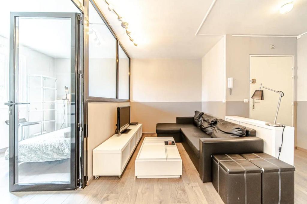 uma sala de estar com um sofá preto e um espelho em Nice 34 m near La Confluence em Lyon