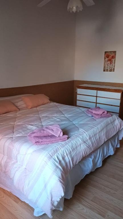 um quarto com uma cama grande e toalhas cor-de-rosa em Mi casa, tu casa. Entre Plottier y Neuquen. em Neuquén