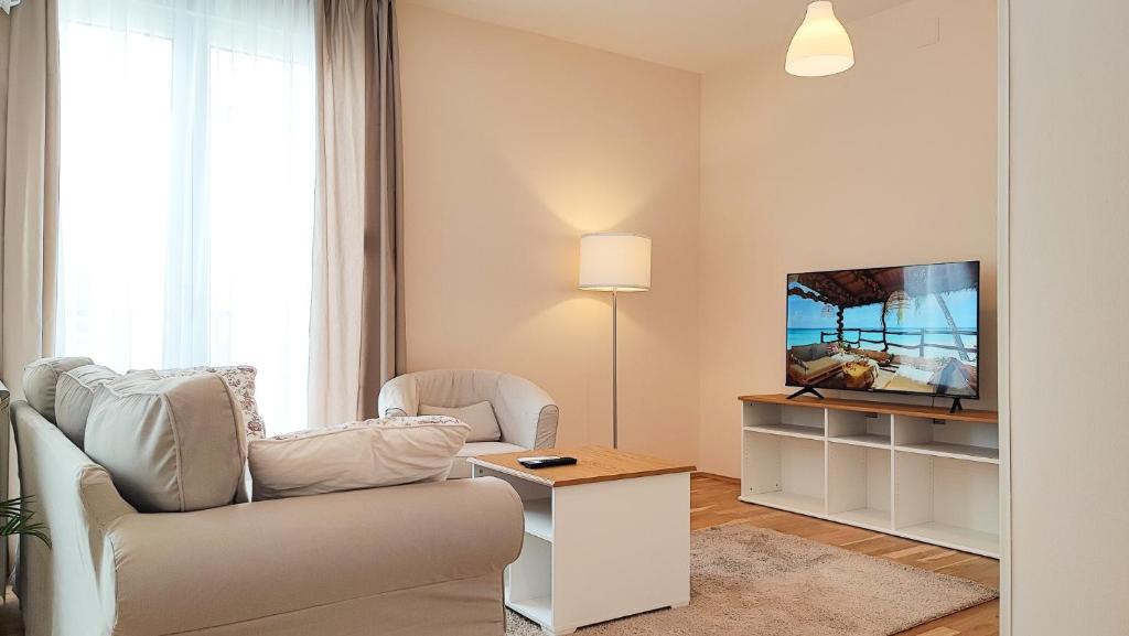 a living room with a couch and a tv at FilinHome Papa Suite 5 in Novi Sad