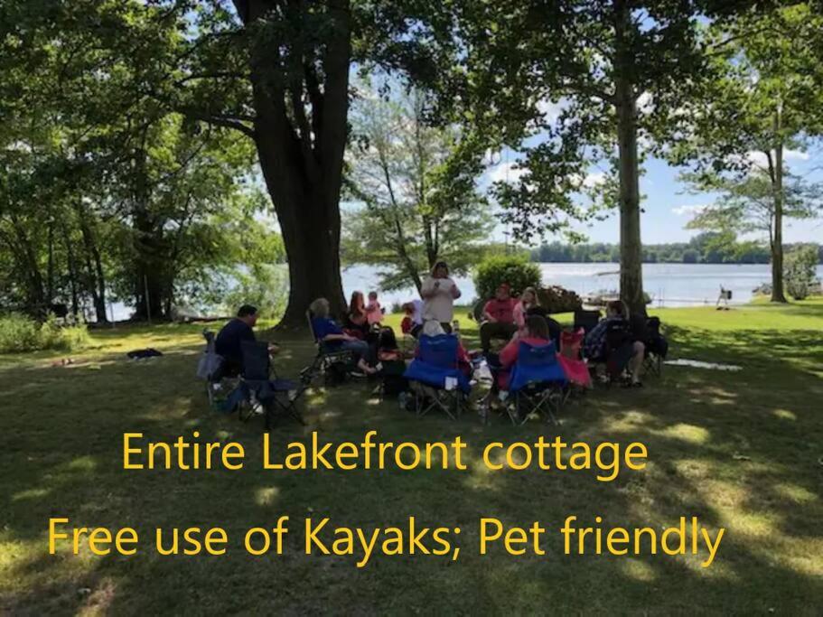 een groep mensen die in stoelen onder een boom zitten bij Lake Front Cottage-Sleeps 8-Free Kayaks-Pets OK! 