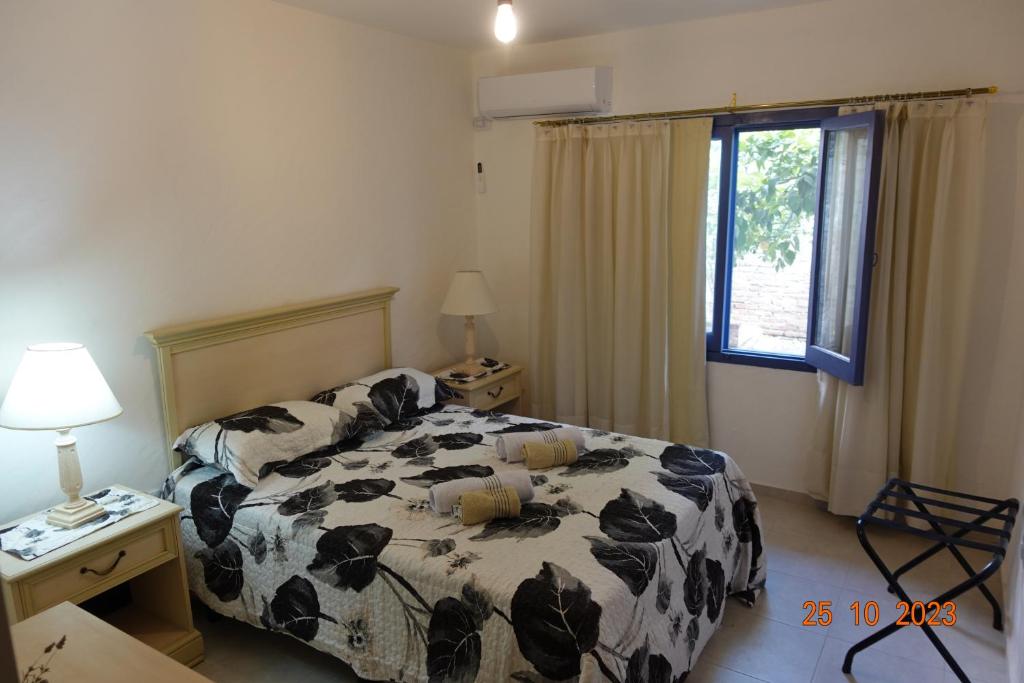 Schlafzimmer mit einem Bett, einem Schreibtisch und einem Fenster in der Unterkunft Pipí Cucú - Apartamentos Completos in Crespo